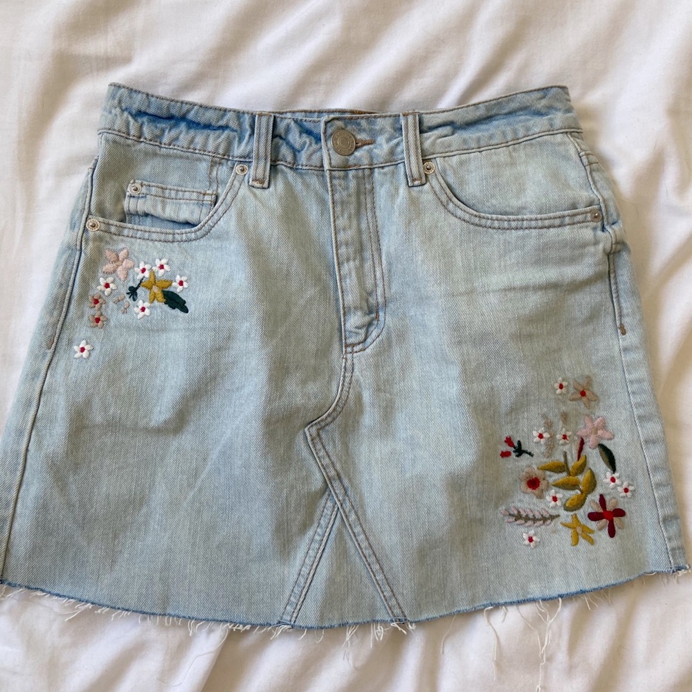 Flower embroidered jean skirt